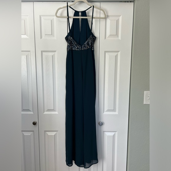 High Neck Navy Chiffon Jumpsuit with Sequin Bodice - Picture 3 of 4